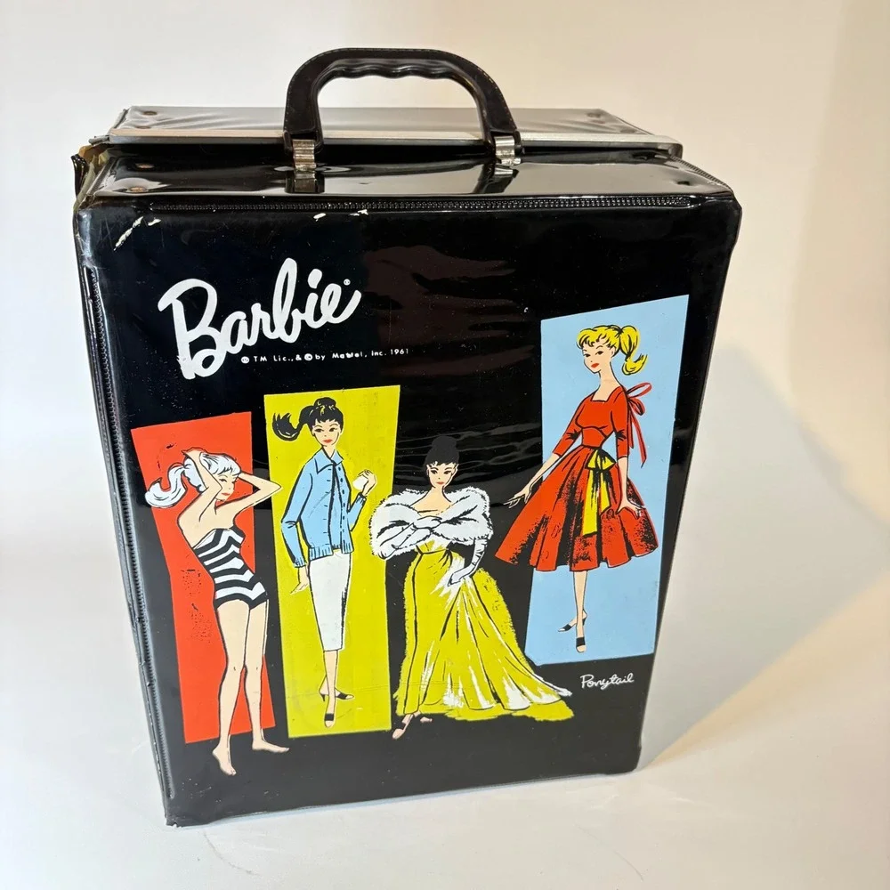 Vintage 1961 Barbie Ponytail Doll Trunk Case Mattel Black Vinyl Accessory Boxes